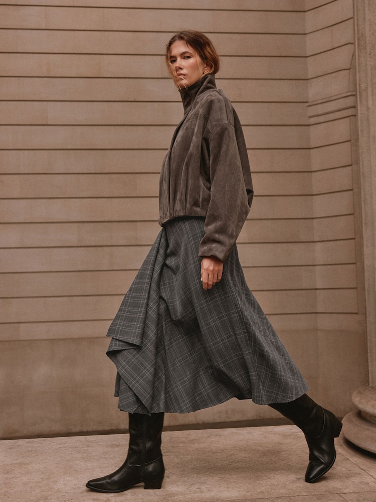 Grey Check Asymmetric Drape Midi Skirt - Image 1 of 8