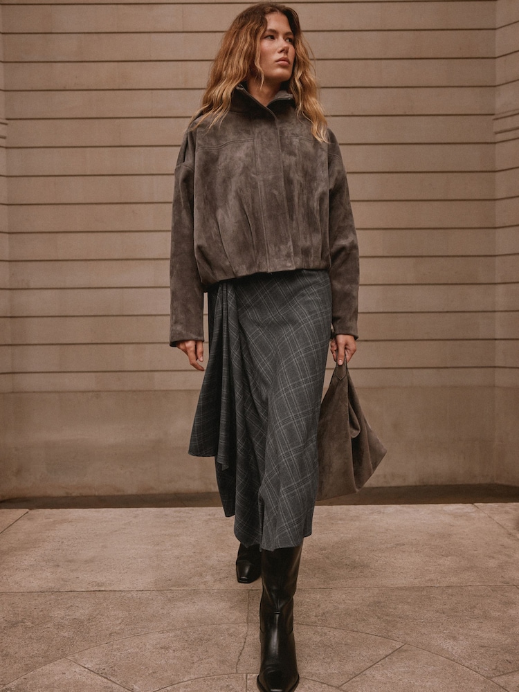 Grey Check Asymmetric Drape Midi Skirt - Image 2 of 8