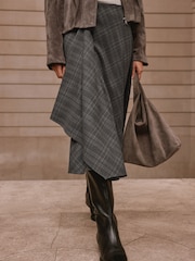 Grey Check Asymmetric Drape Midi Skirt - Image 5 of 8