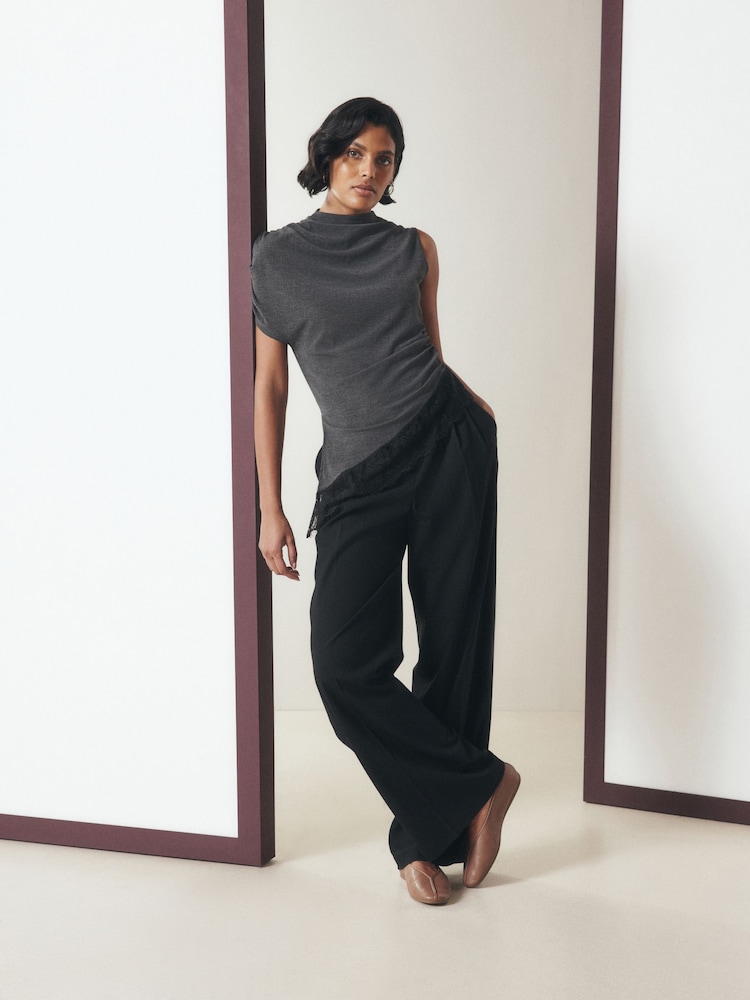 Black Tailored Triple Pleat Wide Leg Trousers - Image 1 of 5