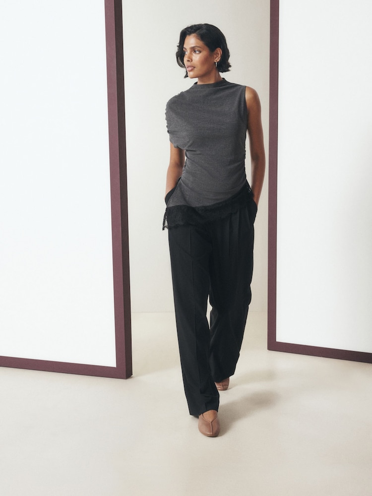 Black Tailored Triple Pleat Wide Leg Trousers - Image 2 of 5