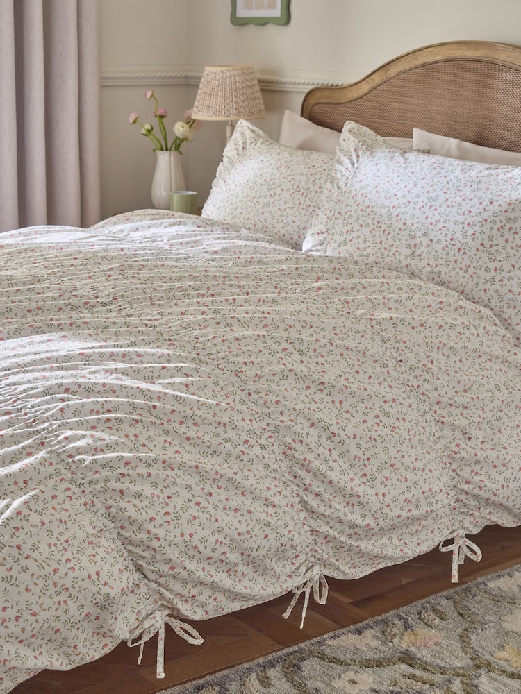White Ditsy Floral Ruched 200 Thread Count Duvet Cover and Pillowcase Set - Image 1 of 5 White Ditsy Floral Ruched 200 Thread Count Duvet Cover and Pillowcase Set - Image 1 of 5