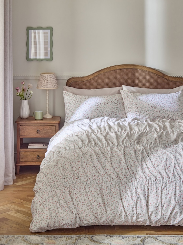 White Ditsy Floral Ruched 200 Thread Count Duvet Cover and Pillowcase Set - Image 2 of 5 White Ditsy Floral Ruched 200 Thread Count Duvet Cover and Pillowcase Set - Image 2 of 5