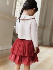 Светло-бежевый и бордово-красный - Embroidered Cardigan and Skirt Set (3mths-10yrs) - Изображение 4 8