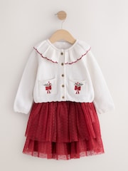 Светло-бежевый и бордово-красный - Embroidered Cardigan and Skirt Set (3mths-10yrs) - Изображение 5 8