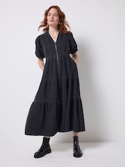 SCAMP & DUDE Black Denim Zip Front Midi Tiered Dress - Image 1 of 4