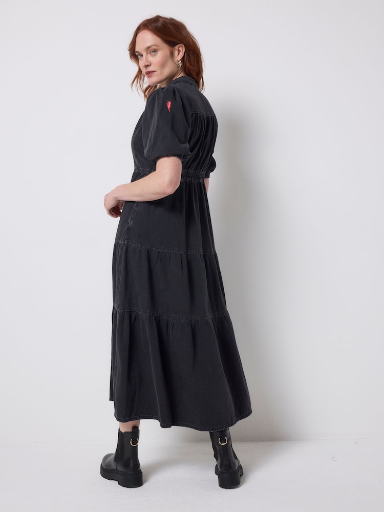 SCAMP & DUDE Black Denim Zip Front Midi Tiered Dress - Image 2 of 4