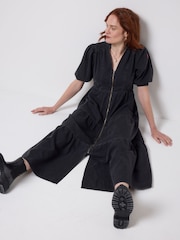 SCAMP & DUDE Black Denim Zip Front Midi Tiered Dress - Image 3 of 4