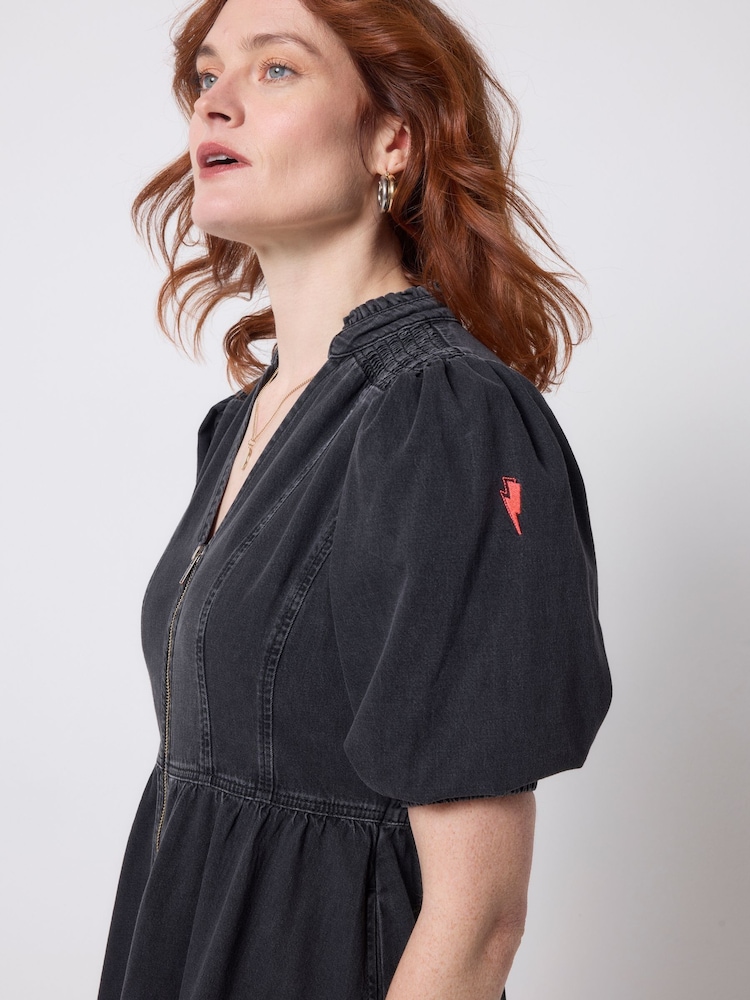 SCAMP & DUDE Black Denim Zip Front Midi Tiered Dress - Image 4 of 4