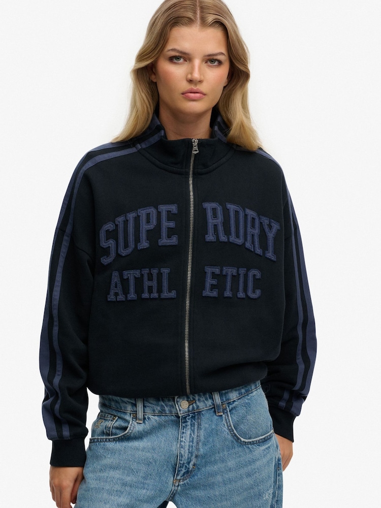 SUPERDRY Blue Athletic Essentials Applique Loose Zip Track Top - Image 1 of 4 SUPERDRY Blue Athletic Essentials Applique Loose Zip Track Top - Image 1 of 4