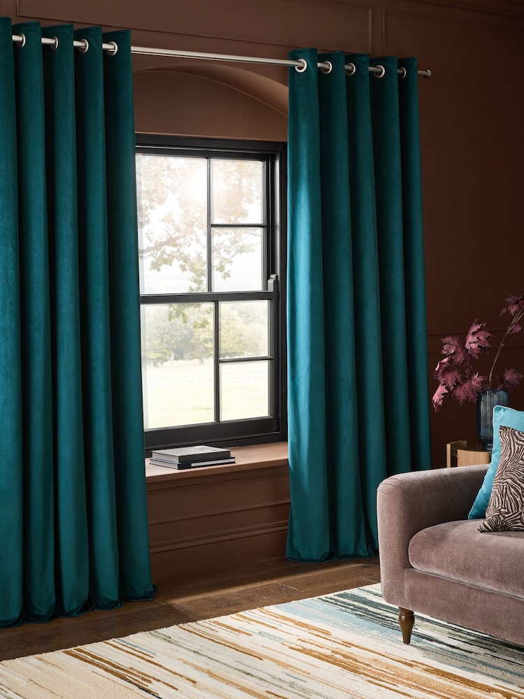 Blue Bright Teal Matte Velvet Blackout/Thermal Eyelet Curtains - Image 2 of 7