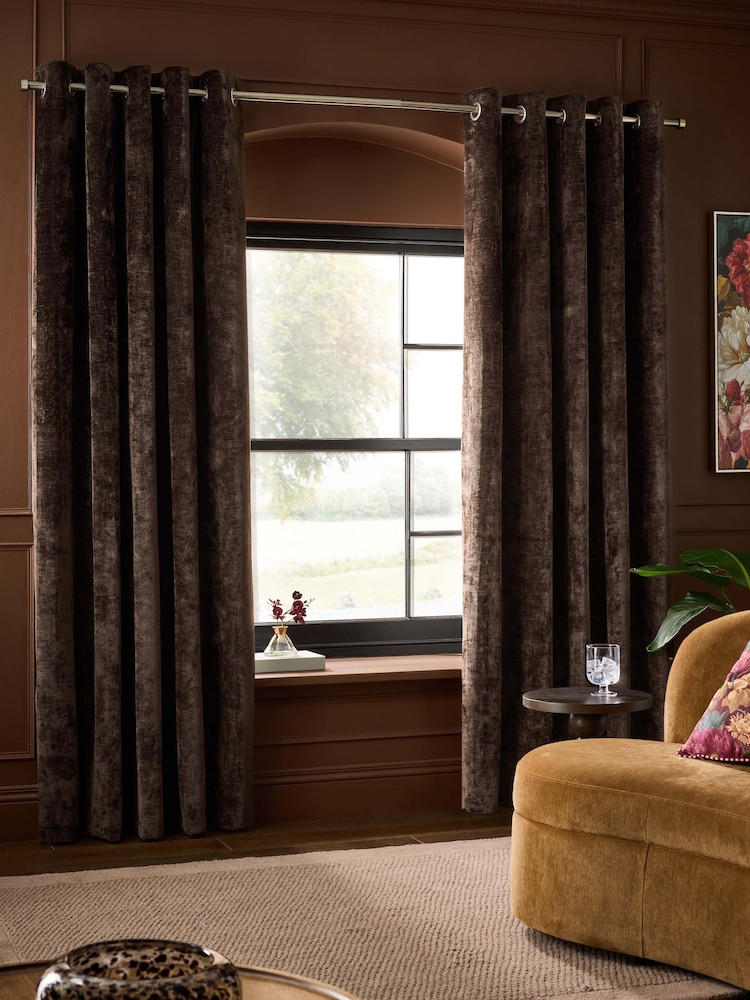 Chocolate Brown Blackout/Thermal Plush Chenille Eyelet Curtains - Image 1 of 6