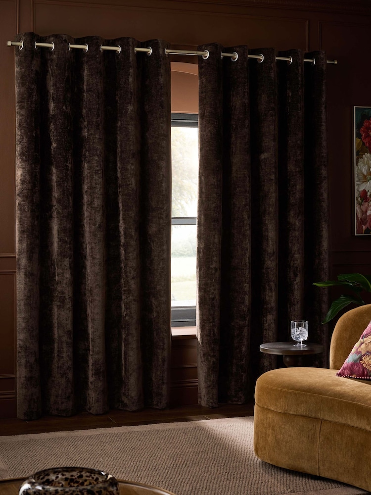 Chocolate Brown Blackout/Thermal Plush Chenille Eyelet Curtains - Image 2 of 6