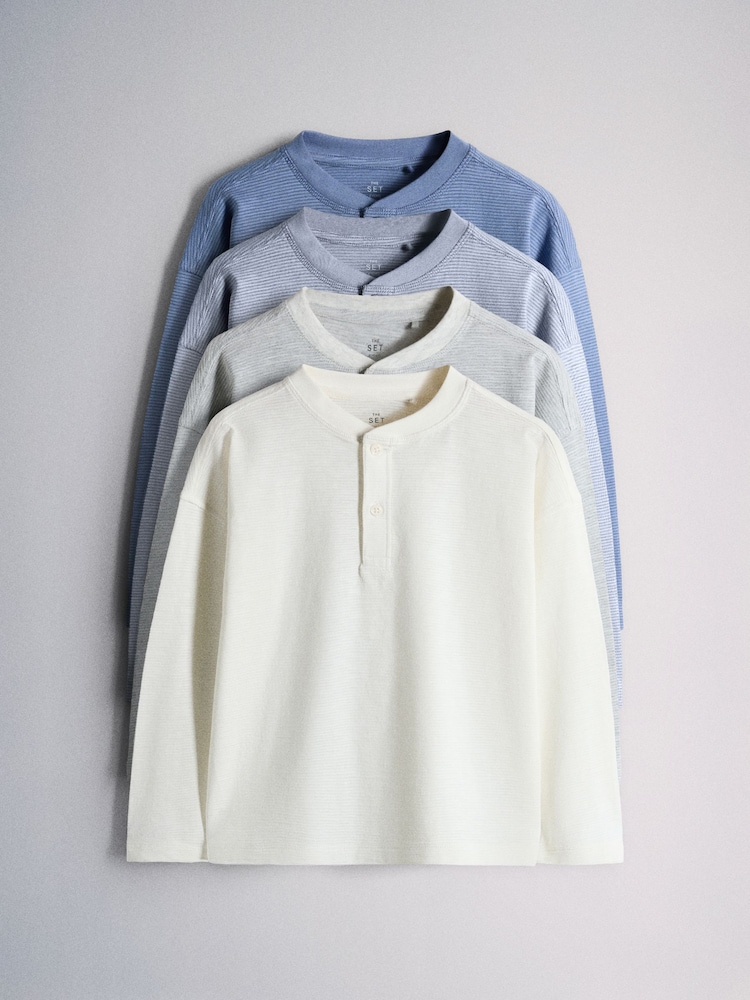 The Set 4 Pack Textured Stripe Long Sleeve Henley T-Shirts Blue/White/Grey Marl - Image 1 of 7