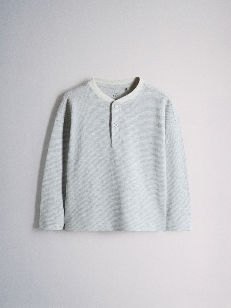 The Set 4 Pack Textured Stripe Long Sleeve Henley T-Shirts Blue/White/Grey Marl - Image 2 of 7