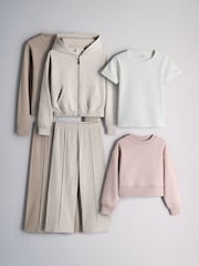 The Set 6 Piece Zip Through Hoodie Crew Rib Cardigan Short Sleeve Rib T-Shirt and Wide Leg Leggings Set White/Pink/Light Brown - Image 1 of 9
