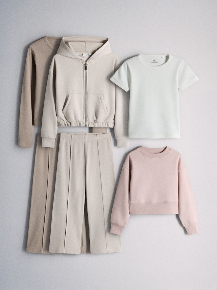 The Set 6 Piece Zip Through Hoodie Crew Rib Cardigan Short Sleeve Rib T-Shirt and Wide Leg Leggings Set White/Pink/Light Brown - Image 1 of 9 The Set 6 Piece Zip Through Hoodie Crew Rib Cardigan Short Sleeve Rib T-Shirt and Wide Leg Leggings Set White/Pink/Light Brown - Image 1 of 9