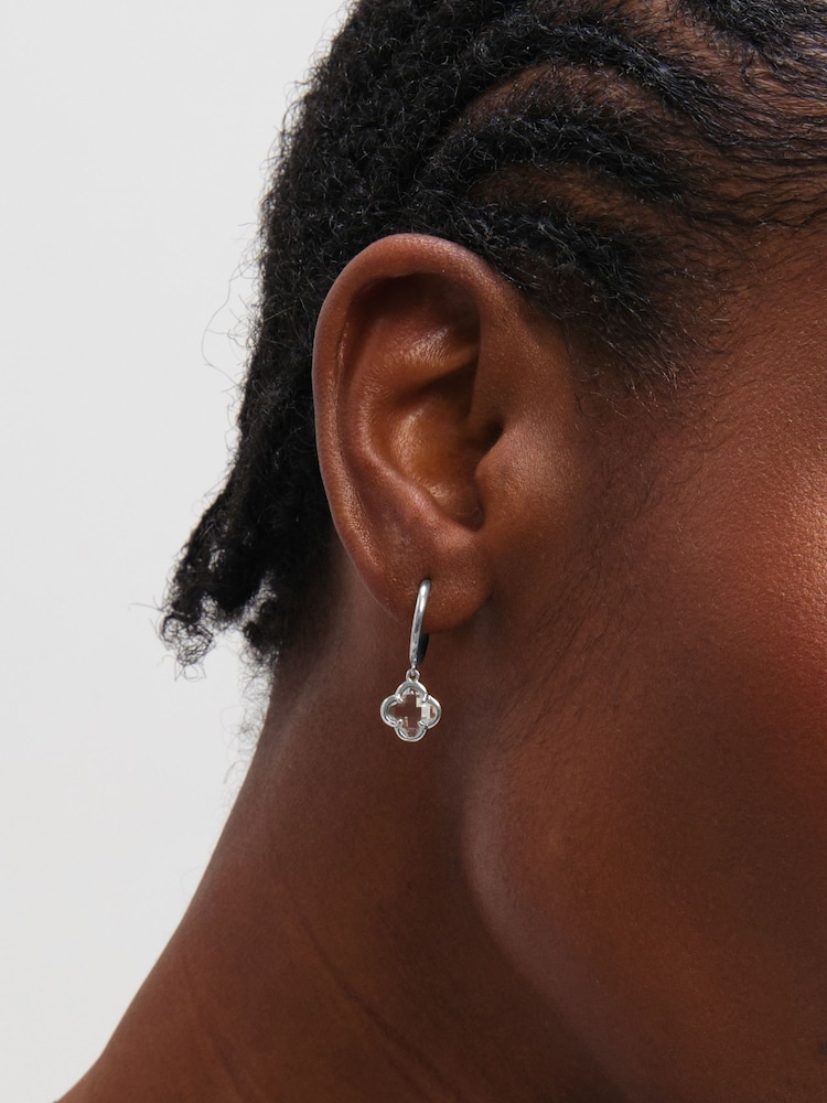 Inicio Sterling Silver Plated Crystal Clover Charm Huggie Hoops - Image 2 of 2