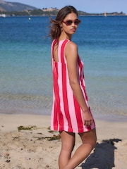 Pink/Red Stripe Linen Rich Square Neck Shift Mini Dress - Image 3 of 8
