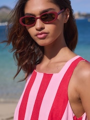 Pink/Red Stripe Linen Rich Square Neck Shift Mini Dress - Image 4 of 8