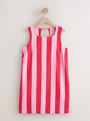 Pink/Red Stripe Linen Rich Square Neck Shift Mini Dress - Image 6 of 8