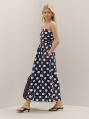 Chocolate Brown Polka Dot Ruched Bandeau Midi Dress - Image 1 of 8