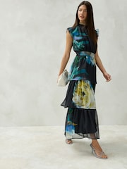 Navy Floral Print Tiered Ruffle High Neck Occasion Midi Dress - Image 1 of 8
