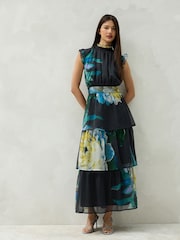 Navy Floral Print Tiered Ruffle High Neck Occasion Midi Dress - Image 2 of 8