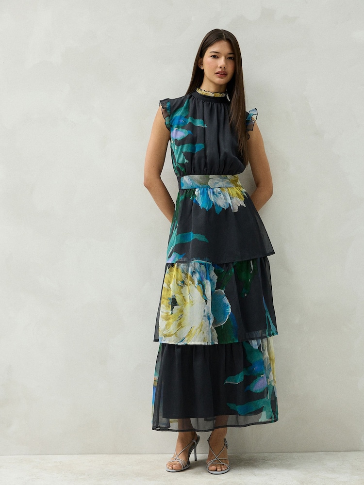 Navy Floral Print Tiered Ruffle High Neck Occasion Midi Dress - Image 2 of 8 Navy Floral Print Tiered Ruffle High Neck Occasion Midi Dress - Image 2 of 8