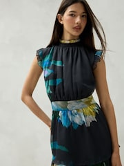 Navy Floral Print Tiered Ruffle High Neck Occasion Midi Dress - Image 3 of 8