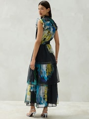 Navy Floral Print Tiered Ruffle High Neck Occasion Midi Dress - Image 4 of 8