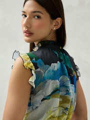 Navy Floral Print Tiered Ruffle High Neck Occasion Midi Dress - Image 5 of 8
