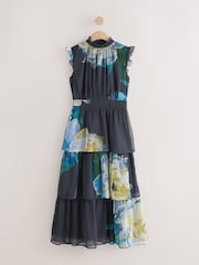Navy Floral Print Tiered Ruffle High Neck Occasion Midi Dress - Image 6 of 8