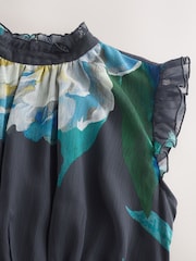 Navy Floral Print Tiered Ruffle High Neck Occasion Midi Dress - Image 7 of 8