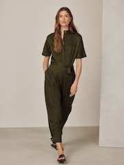 Khaki Green Short Sleeve Funnel Neck Jumpsuit - Image 1 of 7