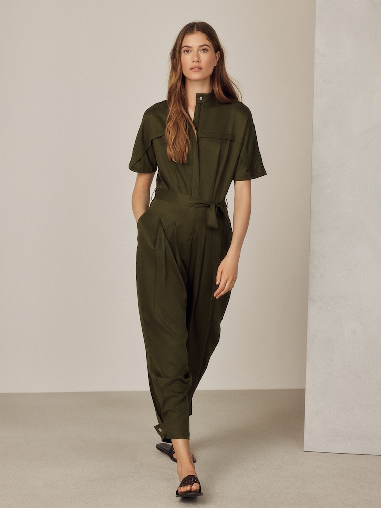 Khaki Green Short Sleeve Funnel Neck Jumpsuit - Image 1 of 7