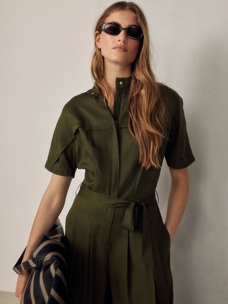 Khaki Green Short Sleeve Funnel Neck Jumpsuit - Image 2 of 7