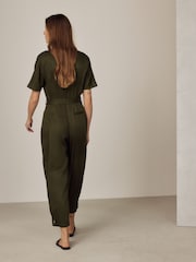 Khaki Green Short Sleeve Funnel Neck Jumpsuit - Image 3 of 7