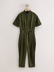 Khaki Green Short Sleeve Funnel Neck Jumpsuit - Image 5 of 7