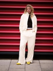 self. Ecru Wide Leg Viscose Blend Track Trousers With Side Stripe - Image 3 of 9