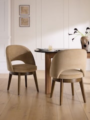 Set of 2 Fine Chenille Sand Beige Dark Wood Leg Monroe Swivel Dining Chairs - Image 1 of 8