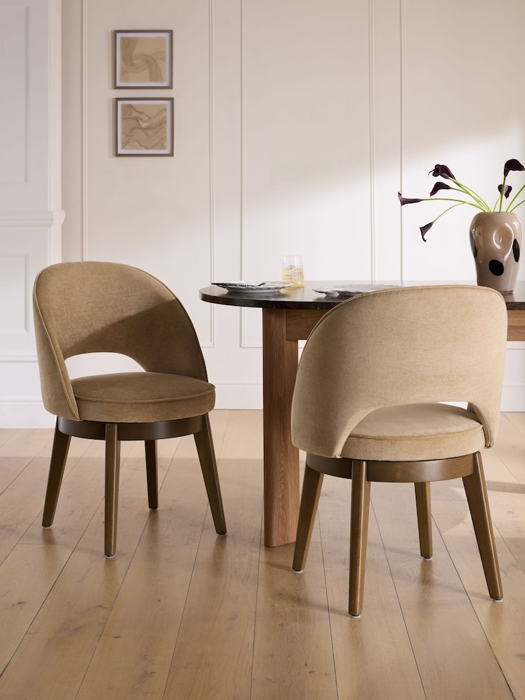 Set of 2 Fine Chenille Sand Beige Dark Wood Leg Monroe Swivel Dining Chairs - Image 1 of 8 Set of 2 Fine Chenille Sand Beige Dark Wood Leg Monroe Swivel Dining Chairs - Image 1 of 8
