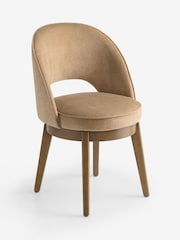 Set of 2 Fine Chenille Sand Beige Dark Wood Leg Monroe Swivel Dining Chairs - Image 5 of 8