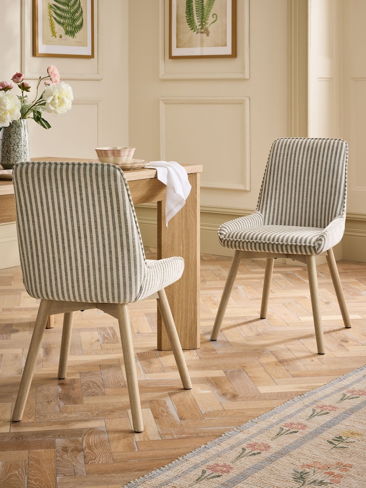Set of 2 Chenille Stripe Moss Green Light Wood Leg Hamilton Dining Chairs - Image 1 of 8