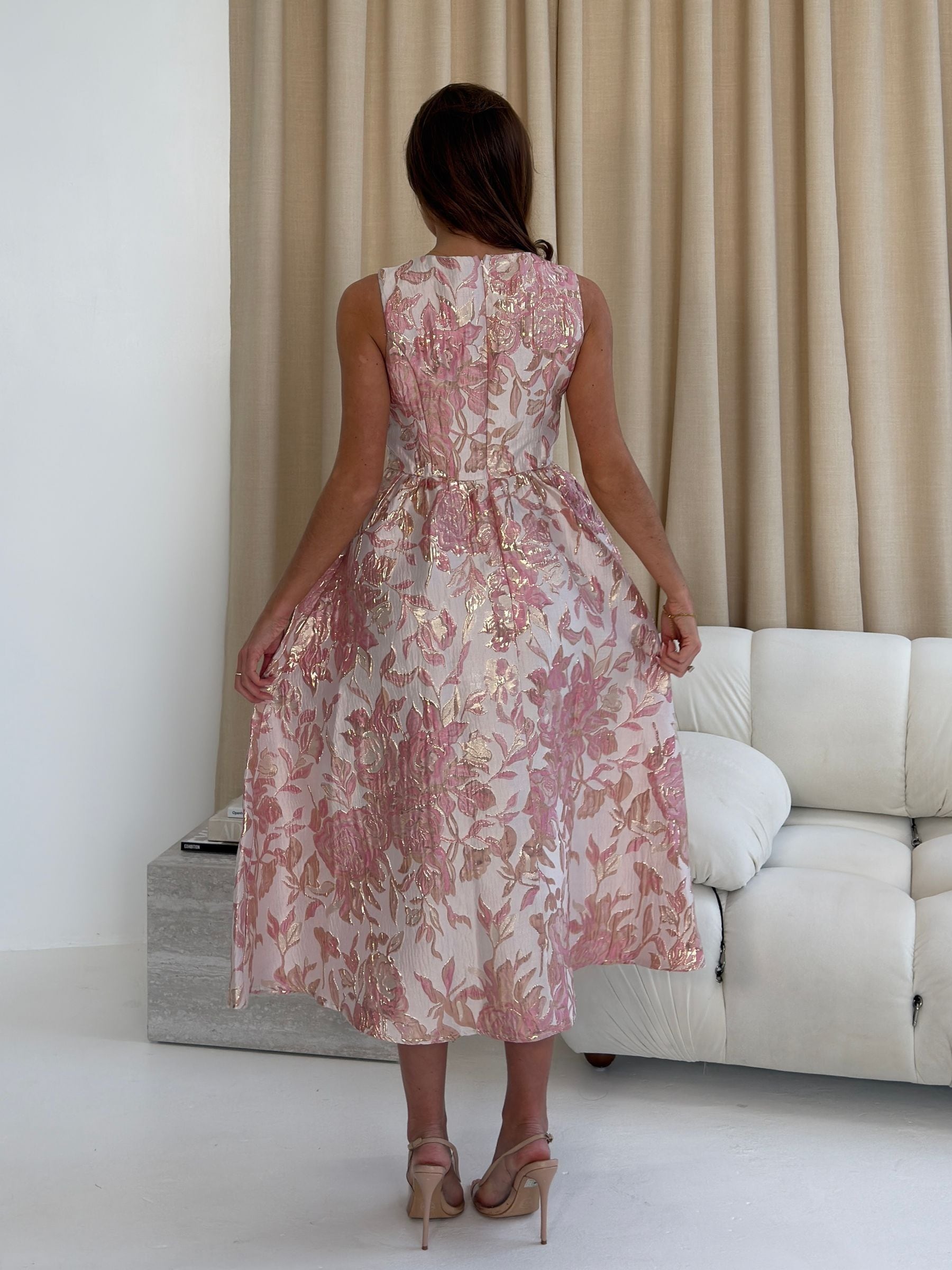 Buy Girl In Mind Pink Rosie Strappy Floral Jacquard Midi Dress
