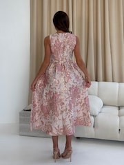 Girl In Mind Pink Rosie Strappy Floral Jacquard Midi Dress - Image 3 of 6