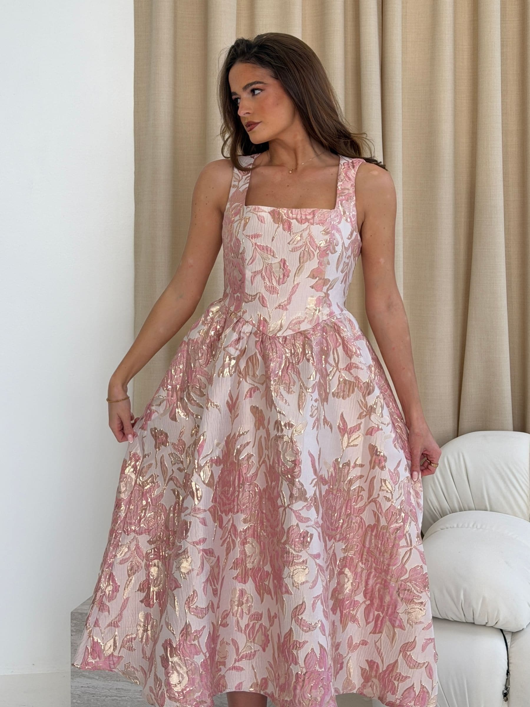 Buy Girl In Mind Pink Rosie Strappy Floral Jacquard Midi Dress