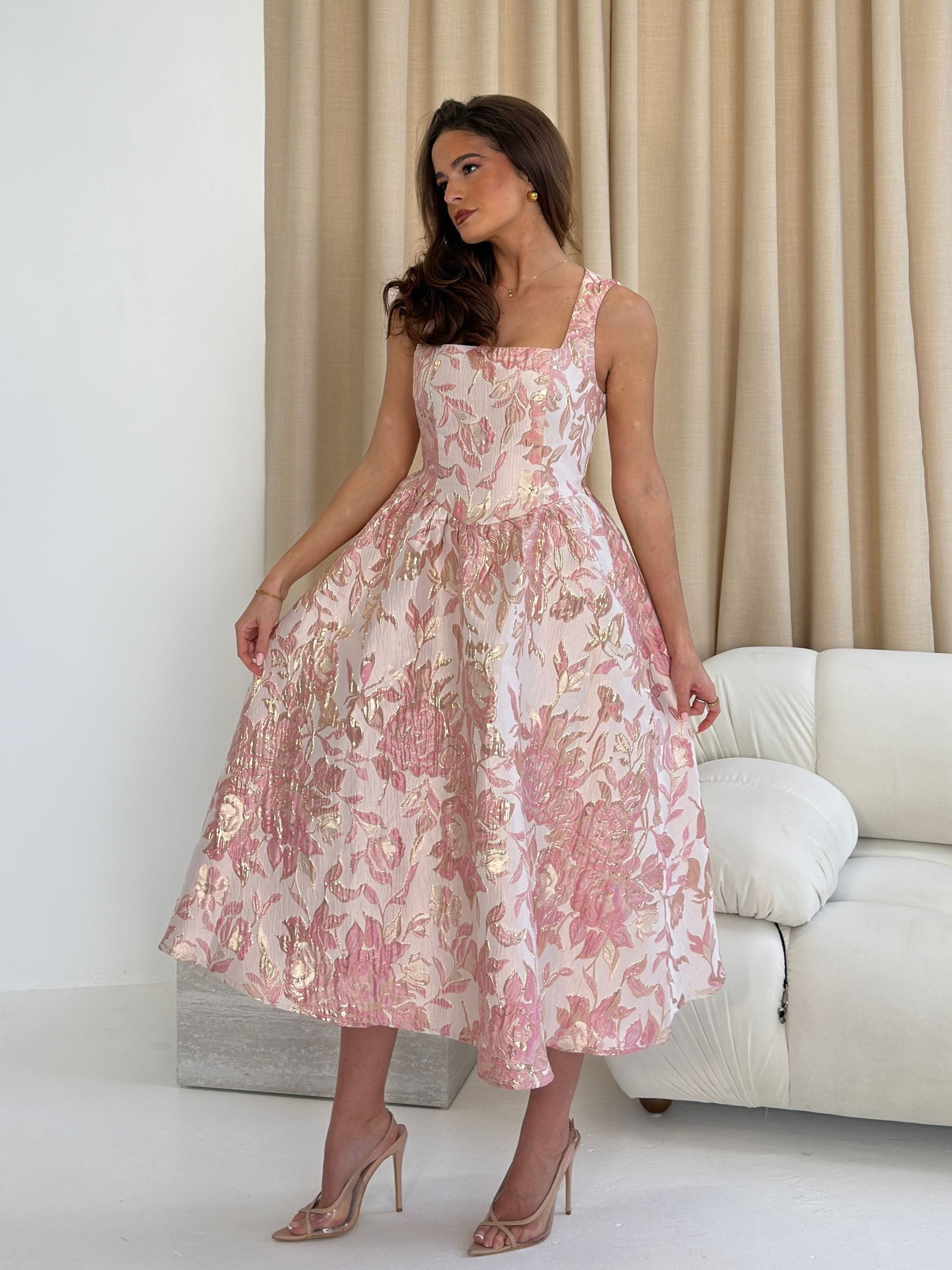 Buy Girl In Mind Pink Rosie Strappy Floral Jacquard Midi Dress