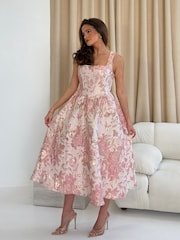 Girl In Mind Pink Rosie Strappy Floral Jacquard Midi Dress - Image 5 of 6