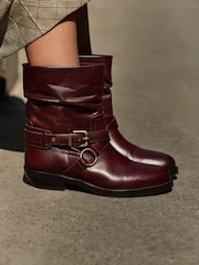 Burgundy Red Leather Harness Buckle Slouch Ankle Boots - Image 1 of 4
